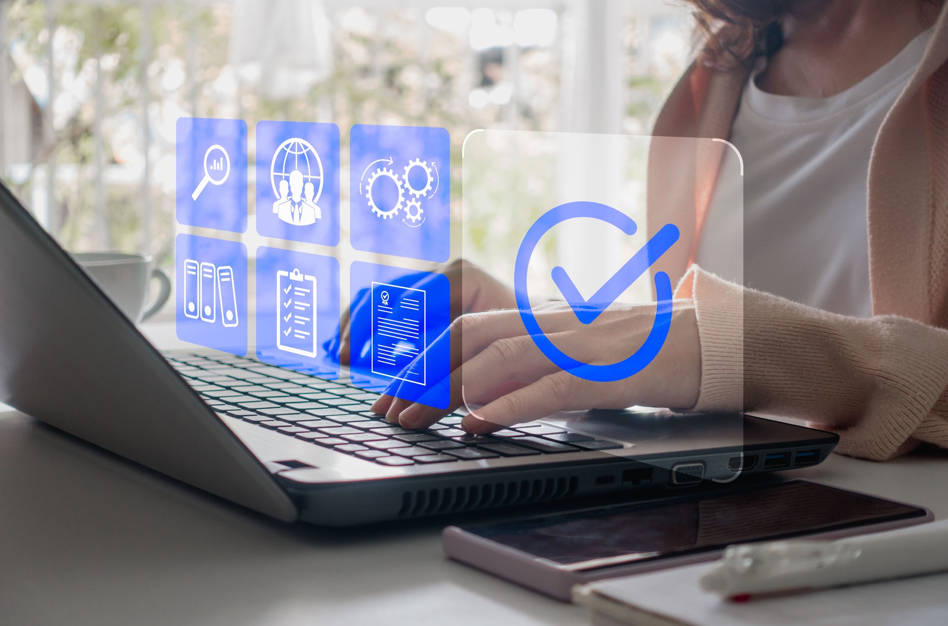 Digital quality control certification concept. Businesswomen use laptop with quality control icon, certificates, assurance. The checkmark symbol represents success verification, standard compliance.